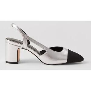 Ann Taylor Cap Toe Slingback Metallic Pumps - Size 7 Black Silver Leather